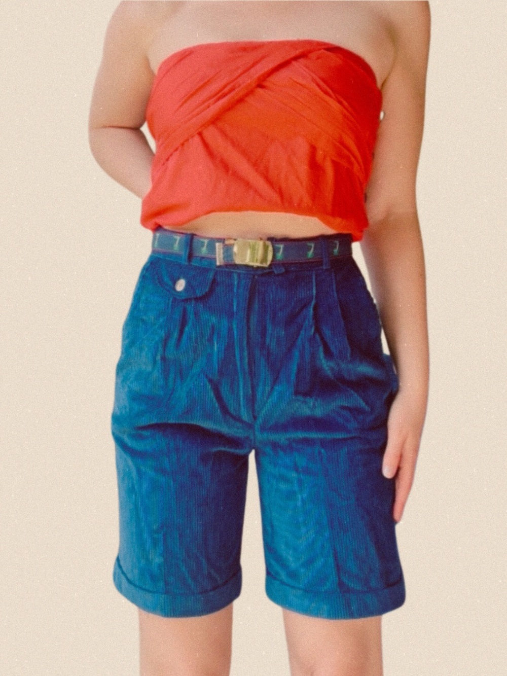 Vintage High-Rise Blue Corduroy Bermuda  Shorts